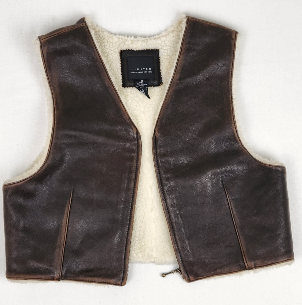 The Limited Brown Leather Sherpa Zip Up Vest. Medium - Picture 1 of 9